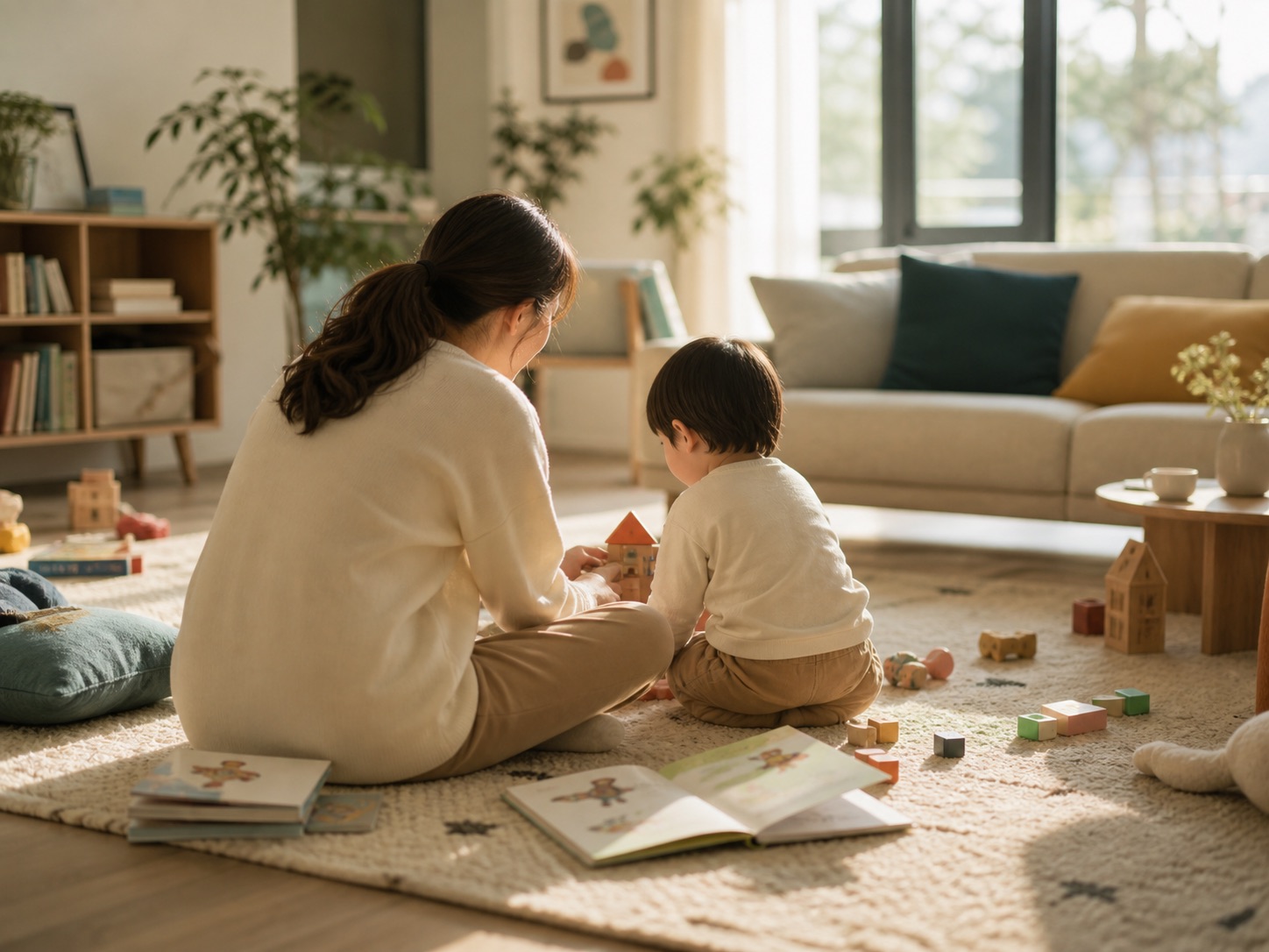 Parent playing with a child in a warm living-room scene