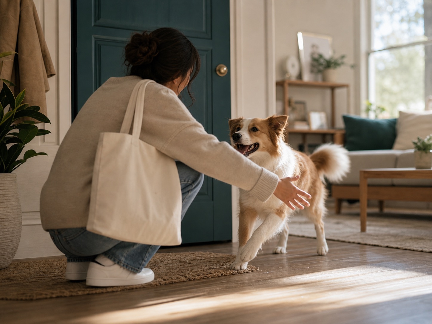 Pet greeting its owner at home in a natural interaction